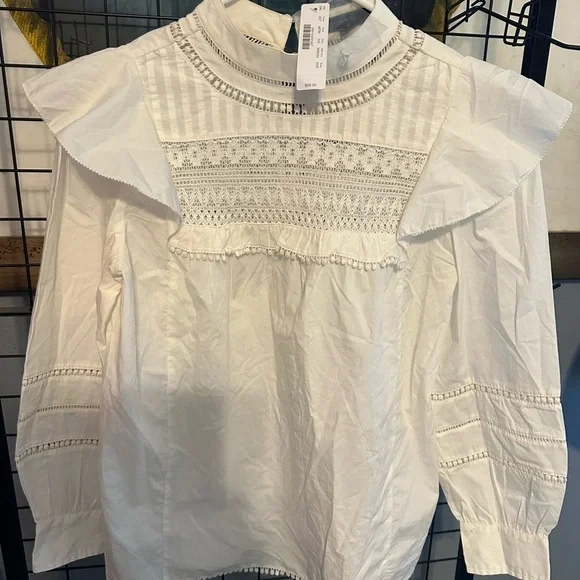 J. Crew White Ruffled Smocked Blouse with Bib Collar - Picture 4 of 6